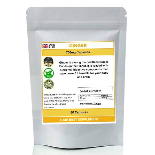 Ginger Root Capsules 750mg 100% Pure (High Strength Supplement) (60)