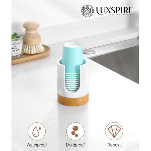 Luxspire Bathroom Cup Dispenser, 3oz Dixie Cup Dispenser, Marble Resin Dixie Cup Holder, Disposable Paper Cup Holder for Bathroom, Cotton Pad Holder, Guest Bathroom Essentials, Marble White
