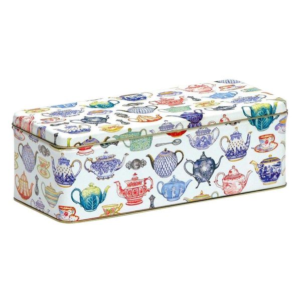 TEAPOTS DESIGN Cream Cracker/Biscuit Tin - Long, Deep Rectangular Kitchen Tin