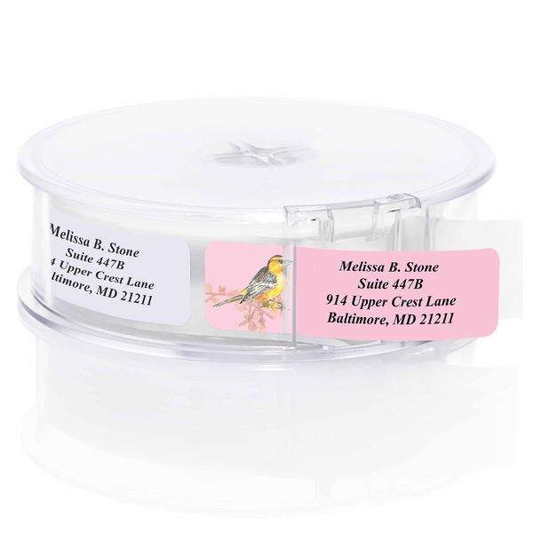 Birds Designer Assorted Rolled Address Labels with Elegant Plastic Dispenser