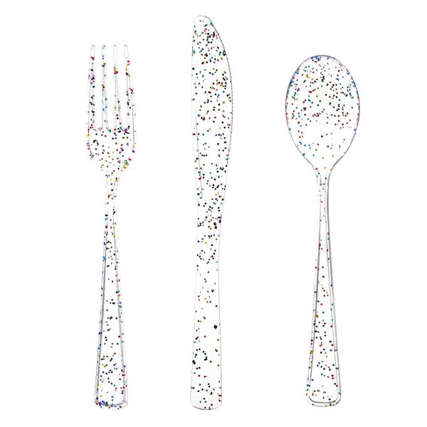 Supernal 360pcs Clear Plastic Silverware,Clear Glitter Disposable Cutlery with Colorful Design,Plastic Forks and Spoons,120 Forks,120 Knives,120 Spoons,Perfect for Parties Birthday