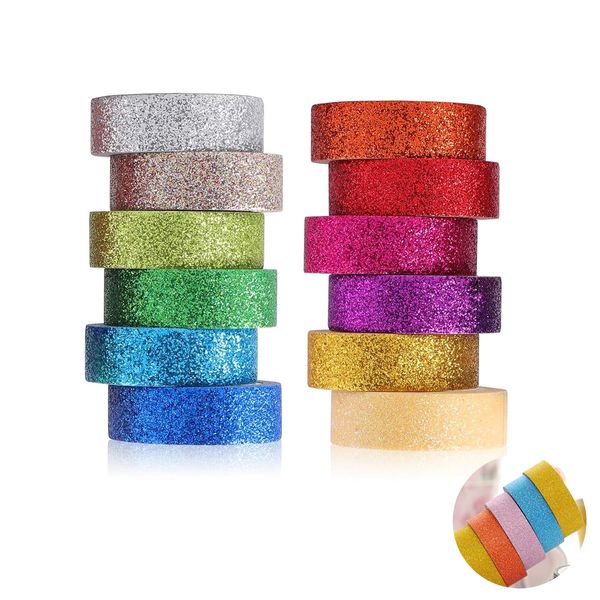 12 Rollen Washi Tape Set, Bunte Glitzernde Bänder Farbmaskierungsband Klebeband aus Papier mit Glitter Funkelnd Dekoratives Klebeband Bunt Masking Dekrativer Bastelband für DIY Scrapbooking 15mmx3m