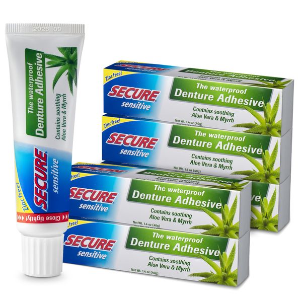 Secure Sensitive Denture Adhesive with Aloe Vera & Myrrh – 12-Hour Max Hold – Patented Waterproof Seal – for All Denture Types – Food Grade Ingredients – FSA HSA Approved – 1.4 oz