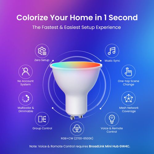 Broadlink GU10 Smart Bulbs, Bluetooth Color Changing 4.5W LED Track Light Bulbs with Music Sync, Fast Setup, Compatible with Alexa, Google Home, 40W Halogen Equivalent (4-Pack)