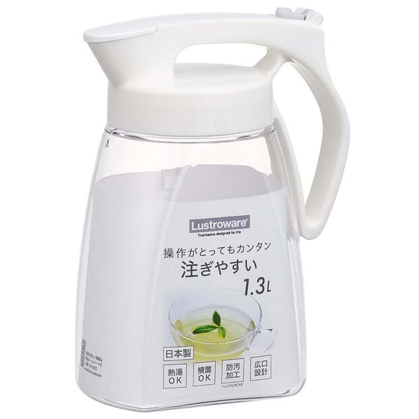 Iwasaki Kogyo K-1281 WH One-Push Pitcher, Cold Water Bottle, Heat Resistant, Vertical and Horizontal Type, 0.3 gal (1.3 L), White, Width 6.3 x Depth 3.6 x Height 8.1 inches (16 x 9.2 x 20.5 cm), Made