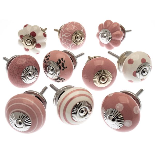 Mango Tree Mixed Set of Pink & White Ceramic Cupboard Knobs/door knobs/drawer knobs x Pack 10 (MG-202)