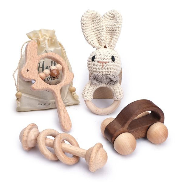 let's make Baby Wooden Rattle, Rattle, Rabbit Set of 4, Baby Toy, Baby Shower, Boys and Girls, Unpainted, Toddler, Mini Car, Gift, Educational Toy