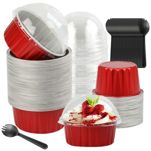 BAKINGPAK Baking Cups with Lids, 50pcs 4oz Aluminum Mini Cake Pans Disposable Ramekins Containers, Red