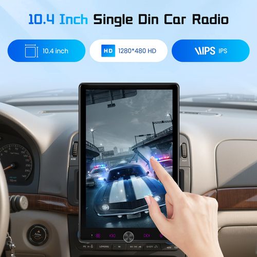 Single Din Car Stereo with Wireless Carplay/Android Auto,10.4" Adjustable Touch Screen Radio with Bluetooth 5.2, Mirror Link, FM Radio, SWC, Backup Camera