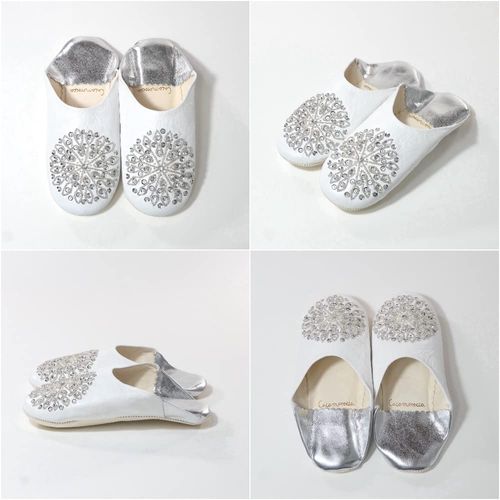 cocomorocco Odorless Leather Babouche Slippers Moroccan White x Silver (Silver Sequins) Room Shoes Coco Moroccan Mother's Day Gift, white