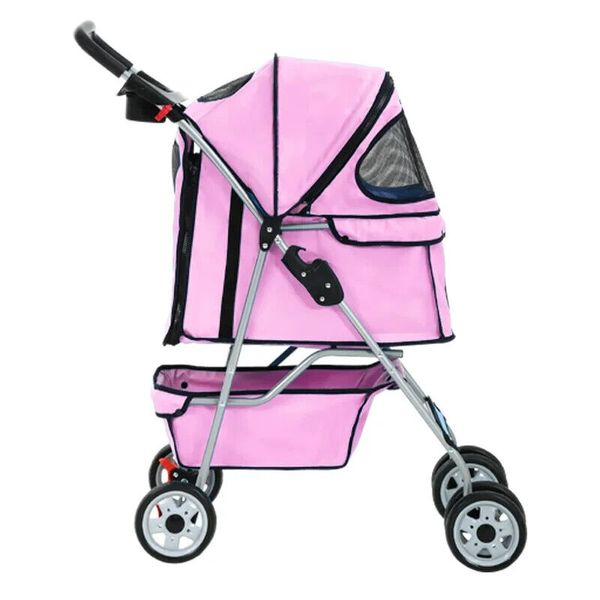 Pink 4 Wheel Folding Portable Pet Stroller Cat Dog Travel Carrier with Basket