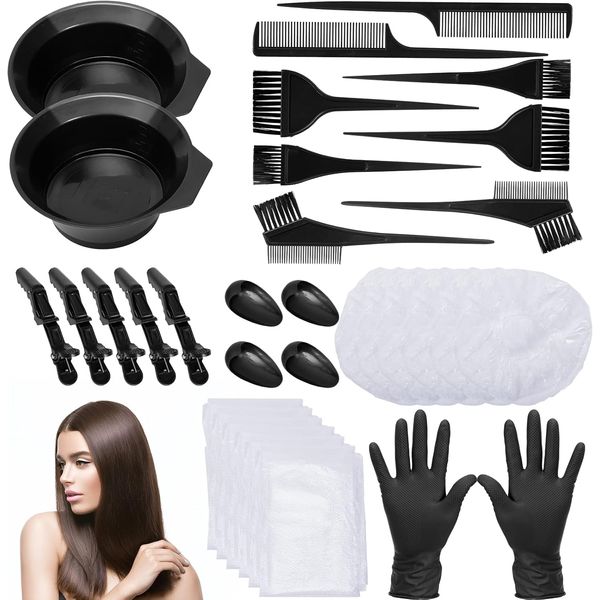 CACASO 33 Pieces Hair Dye Brush And Bowl Set,Hair Dye Brush/Comb,Hair Tinting Bowl,Ear Cover,Shower Cap,Shawl, Alligator Clip,Gloves For Hair Coloring，Bleaching Hair DIY Salon Hair Coloring Kit