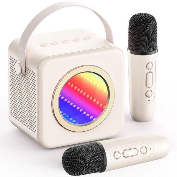 XWIT Karaoke Machine Gifts for Kids Adults: Mini Karaoke Speaker Machine with Wireless Microphones Colorful LED Light Christmas Birthday Gifts for Girls Boys 4 5 6 7 8 9 10 11 12+ Years Old (Beige)