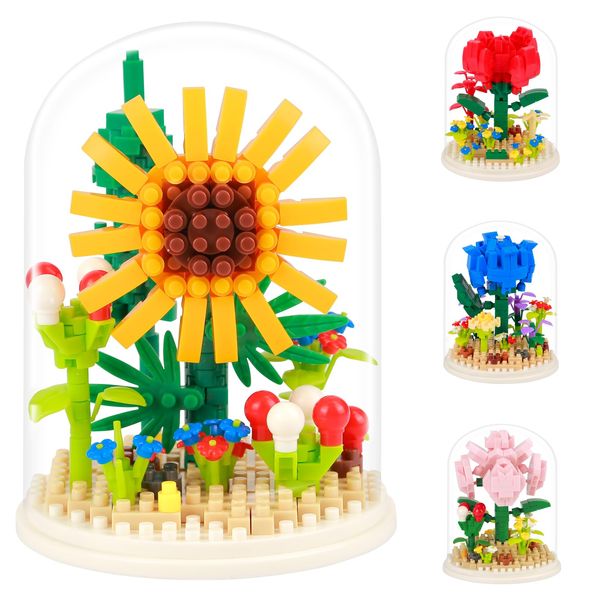 LACHLAND Mini Building Block Flower Toy for Kids 202 Pcs, Flower Building Sets, Sunflower Decorated Flower with Dust Cover, Artificial Flower Toy Gift for Boys and Girls Aged 3-9 Years Old