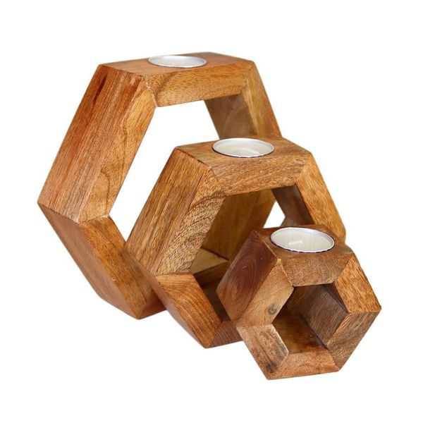 Hexagonal Tea Light Holders Set Of 3 Wooden Block Rustic Nested Candles Included