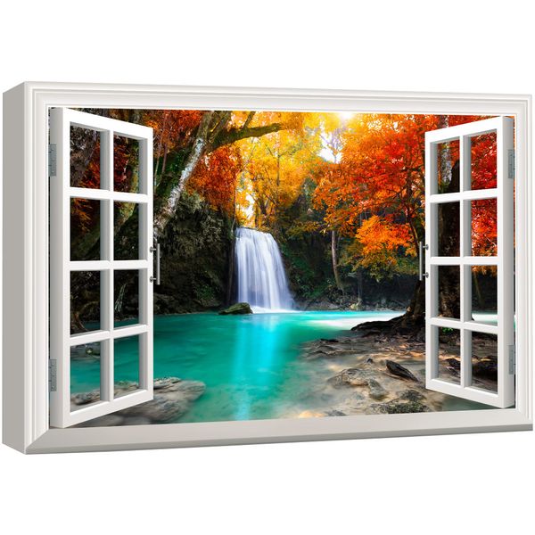 wall26 Canvas Print Wall Art Window View Landscape Orange Fall Waterfall Nature Wilderness Photography Modern Art Rustic Scenic Colorful Multicolor for Living Room, Bedroom, Office - 12"x18"