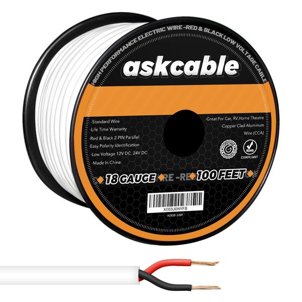 Askcable 18/2 AWG 100FT Electrical Wire 18 Gauge 100 Feet 2 Conductor Speaker Wire CL2 Rated Speaker Cable Wire White Jacket Outdoor Direct Burial in Ground in Wall Extension Cord Cable Red Black