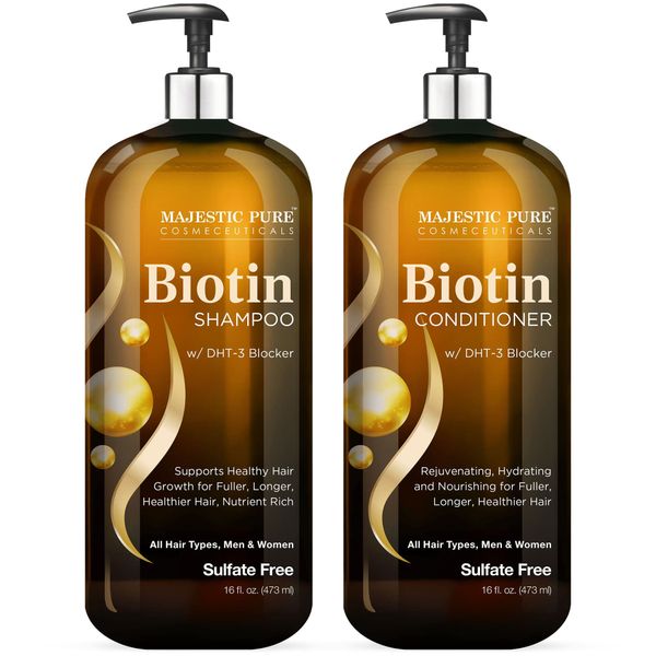 MAJESTIC PURE Biotin Shampoo and Conditioner Set with DHT Blocker Complex - Hydrating, Nourishing & Supporting Healthy Hair Growth, Sulfate Free, for Men & Women - 16 fl oz each