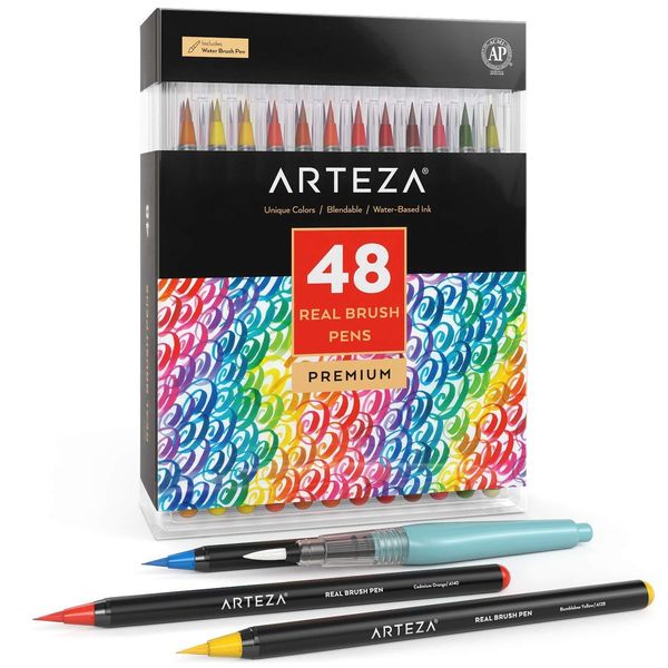 ARTEZA Real Brush Pens with Flexible Nylon Tips, 48 Paint Markers for Watercolour Painting, Colouring, Calligraphy and Drawing, Water Brush included