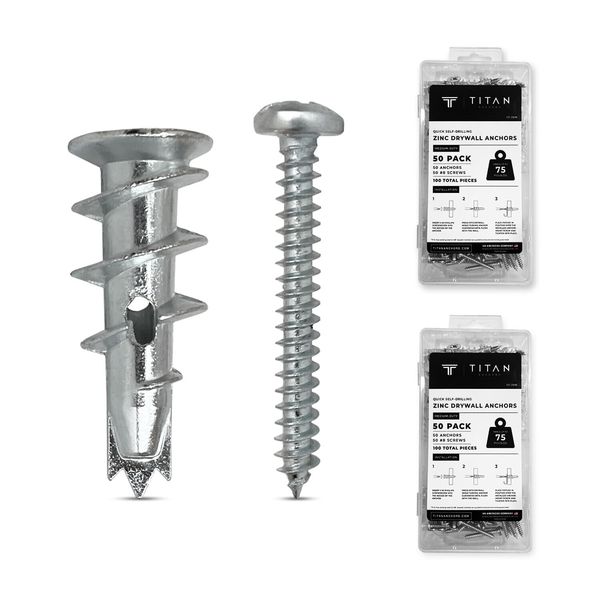 100-Pack Self-Drilling Zinc Drywall Anchors with Screws Kit | Holds 75 Lbs.