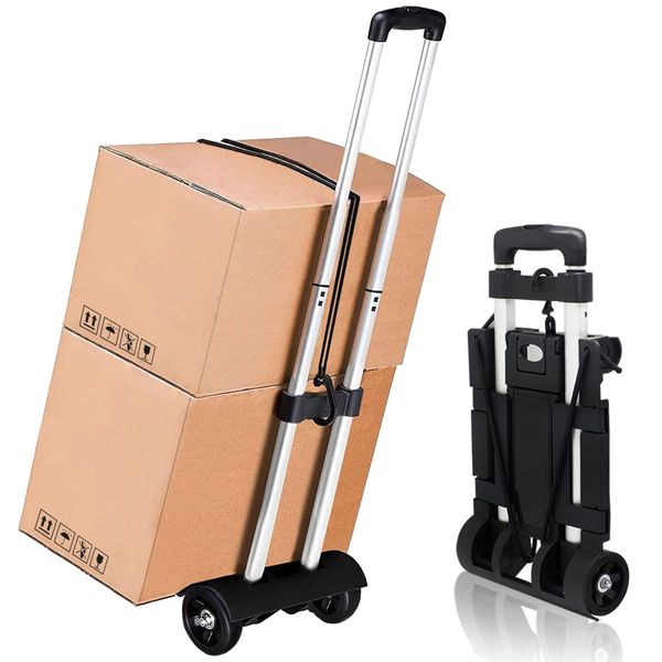 Folding Luggage Cart with Expandable Base Plate,2 Wheels Aluminium Alloy Drawbar Folding Hand Truck Dolly,Collapsible Light Duty Dolly for Moving Shopping Travel Office Use,50lbs(Silvery Drawbar)