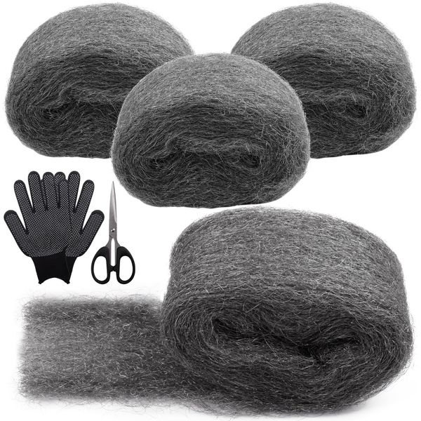 4 Pack Steel Wool Mice with Work Gloves and Scissors, 0000 Stainless Coarse Wire Wool Gaps Blocker, Wire Wool Can Stop Rats, Sealing Gaps, Cleaning, Polishing