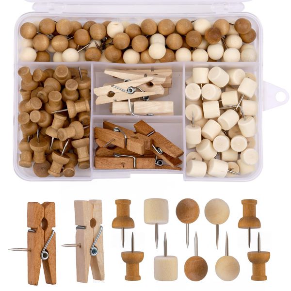 Dennty 150 Pcs Wooden Clips, Push Pins, 4 Types, Push Pins for Bulletin Boards, Posters, Photos, DIY, Maps, Calendars, Schools, Office Supplies, Storage Case Included