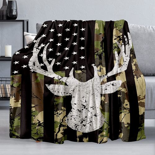American Flag Deer Blanket, Soft Warm Fuzzy Fleece Plush Blanket 60''x50'', Smooth Cozy Flannel Throw Blanket for Bed/Couch/Office/Camping