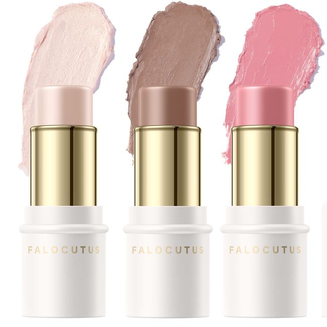 FALOCUTUS 3 Pcs FAIR Contour Stick Set,Cream Blush & Highlighter Bronzer Pen,Long Lasting & Smooth Natural Face Contouring Illuminator,Professional Makeup Kit for All Skin