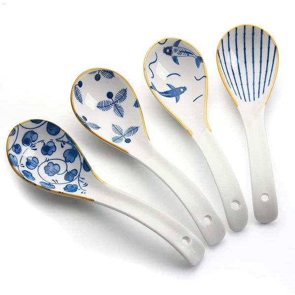 YFWOOD 4pcs Astragalus Spoons, 6.3 inches (16 cm), Ceramic, Gold, Soup Spoons, Curved Shape, Long Handle, Dinner Spoon, Curry, Ramen, Cooking, Commercial Use, Family