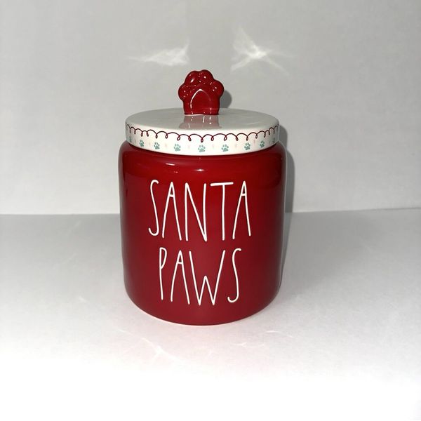 NEW RAE DUNN XMAS  "SANTA PAWS"  RED/WHITE  PET TREAT CANISTER COOKIE JAR