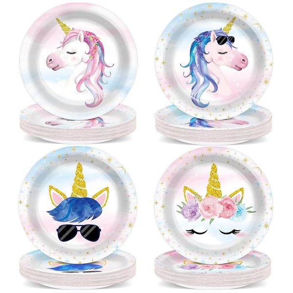 Naozinebi 48PCS Unicorn Birthday Plates Unicorn Party Supplies Magical Unicorn Tableware Rainbow Plates Disposable Paper Plate for Girls Boys Kids Unisex Unicorn Party Baby Shower Favors 6.7*6.7inch