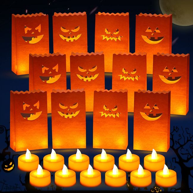 Outus 12 Pieces Halloween Luminaries Paper Bags Flameless Electric LED Paper Lantern Bags Luminaries Paper Bags with 12 LED Light Halloween Pumpkin Tealight Paper Bag for Home Halloween Party Supply