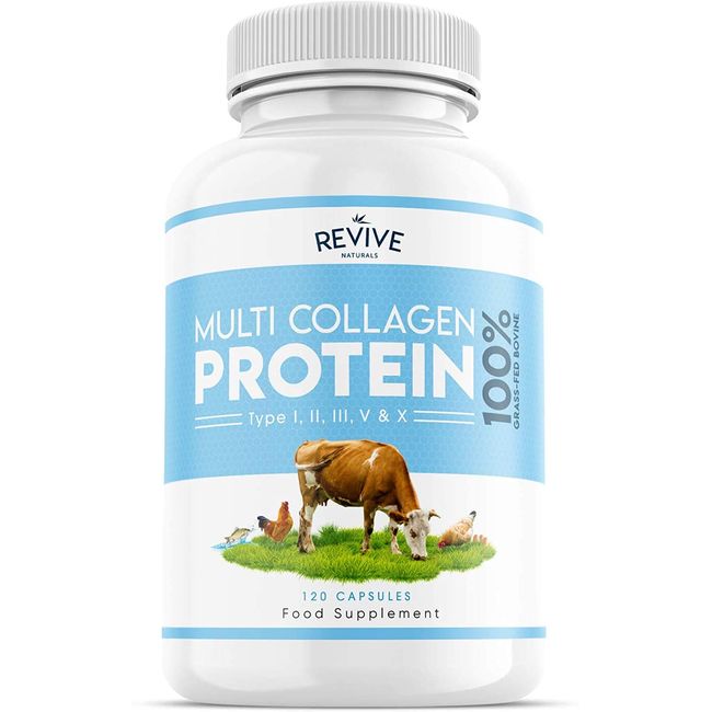 Multi Collagen Protein Capsules - Types I, II, III, V & X - Hydrolysed Grass Fed Bovine, Wild Caught Marine & Free-Range Chicken, Made with Hyaluronic Acid & Vitamin C, 120 Caps