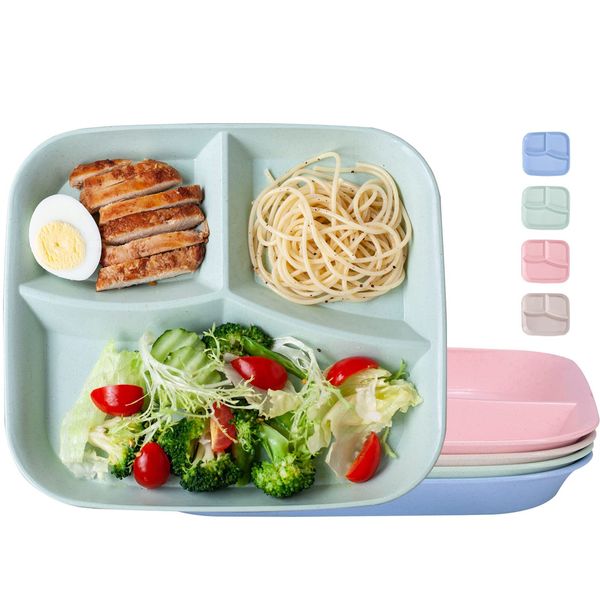 Orrdiffi Dinner Plates 4pcs Unbreakable Divided Plates 3 Sections Portion Control Diet Plate Tray with compartments Plastic Dinner Set Reusable Dishes Set,BBA Free, Healthy pp for Adults Kids