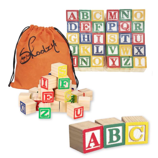 Skoolzy ABC Wooden Blocks for Toddlers 30 Wood Alphabet Blocks Montessori Stacking Letter Preschool Learning Toys Develop Language Skills Boys and Girls Ages 2+ Includes eBook & Storage Bag