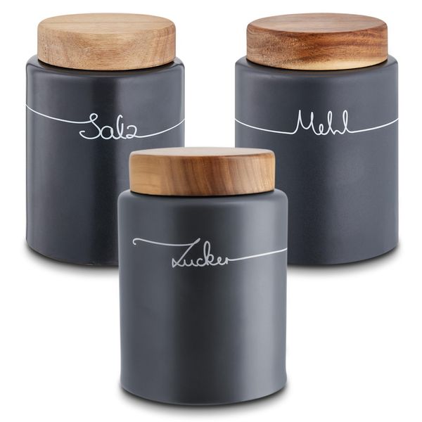 KHG Mehl Zucker Salz Aufbewahrung, Vorratsdosen Set 3-teilig, Keramik Steingut, Anthrazit Grau, Holz Deckel Bambus, Mehltopf Zuckertopf Salztopf, Verschluss luftdicht, BPA-frei