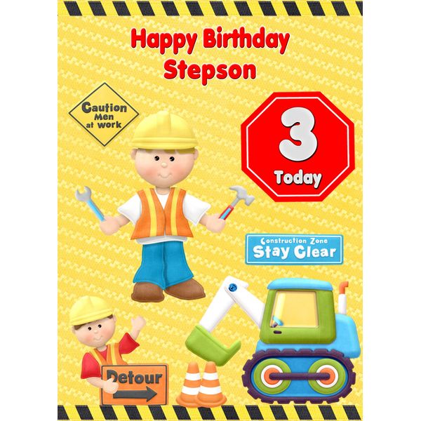 Kids 3rd Birthday Builder Cartoon Card for Stepson