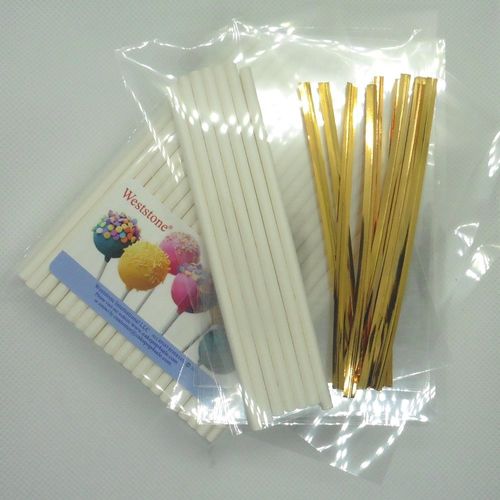 Weststone - 100pcs 4 1/2" Lollipop Sticks + 100 Poly Bags + 100 Bright Gold Twist Ties for Cake Pops