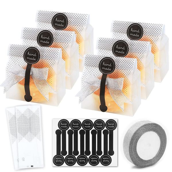 200pcs Sweet Cookie Treat Gift Bags Translucent Plastic W/ 200pcs Stickers and 1 Roll Ribbon for Pick and Mix Sweetie Snack Popcorn Chocolate Candy Cupcake Biscuit Goody Bakery Birthday Wedding Party