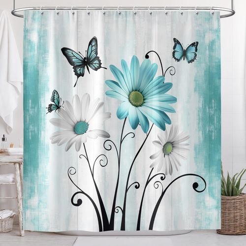 Rustic Farmhouse Shower Curtain, Floral and Butterfly Arts Shower Curtain Set, Turquoise Blue Daisy Floral Aesthetic Fabric Boho Flowers Shower Curtain for Bathroom with 12PCS Hooks 72X72IN