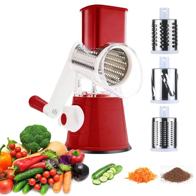 3rd Generation Rotary Cheese Grater, Mandoline Vegetable Slicer with 3 Replacement Blades, Easy to Clean Rotary Shredder for Fruit, Vegetables, Red (Red)