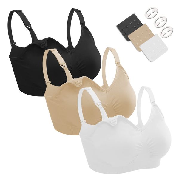 Dresime Nursing Bras, 3 Pack Wirefree Seamless Maternity Bra Women Pregnancy Breastfeeding Bralette with Extra Bra Extenders Clips White/Black/Nude