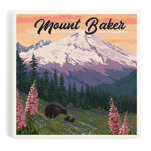 Mount Baker, Washington, Bears and Spring Flowers (Absorbent Ceramic Coaster, Single, Cork Back, Kitchen Table Decor)