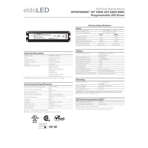 eldoLED | 2743YE OPTOTRONIC OT 180W 347-480V 800C Programmable LED Driver | Replacement for 79208 Osram | Ot180W/347-480/800C/2DIM/P6