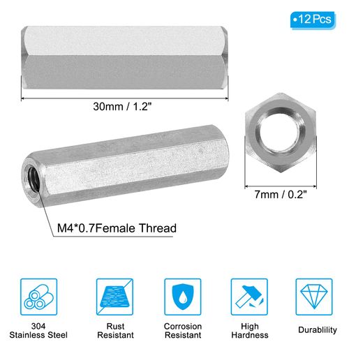 PATIKIL M4 x 0.7-Pitch 304 Stainless Steel Hex Coupling Nuts, 12Pcs 30mm/ 1.2" Length Coarse Fully Threaded Rod Coupling Nut Studding Connector Fasteners, Silver Tone