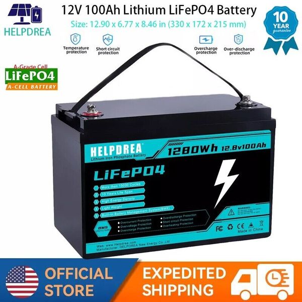 Helpdrea LiFePO4 Lithium Battery 12V 100Ah for RV Off-grid Solar Trolling Motor