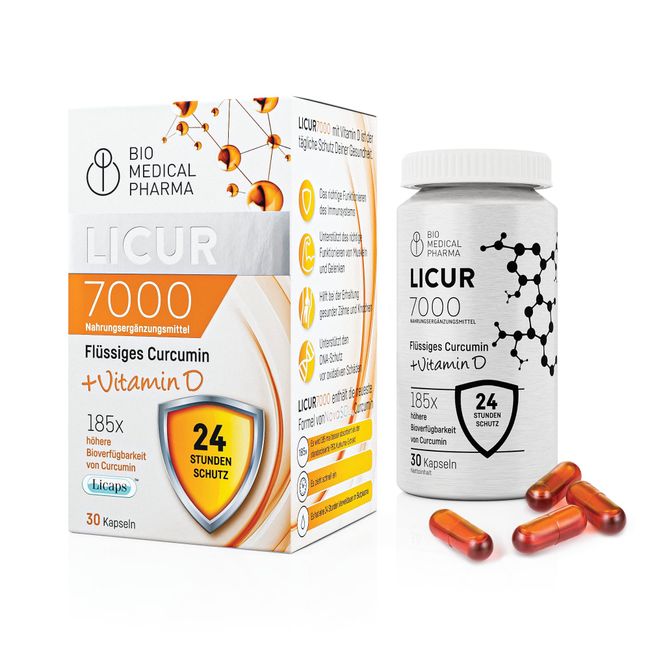 Kurkuma Kapseln mit Vitamin D3 – 185x höhere Bioverfügbarkeit – Hochdosiertes Mizellen Curcumin – 1 Kapsel täglich – entspricht 6.600 mg Kurkuma Pulver – Licur 7000 mit Vitamin D (Monatspack)