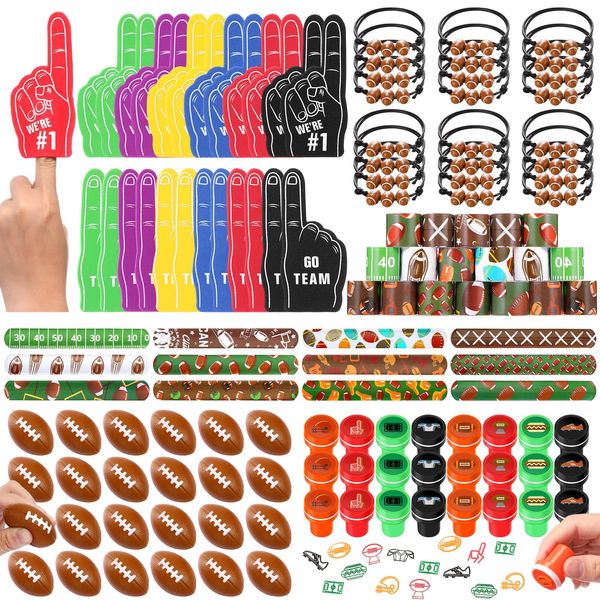 Aoriher 120 Pcs Football Sport Balls Party Favors Set Serve 24, Football Goodie Foam Finger Mini Stress Ball Slap Bracelet Charm Bracelet Stamp for Kids Party Supplies