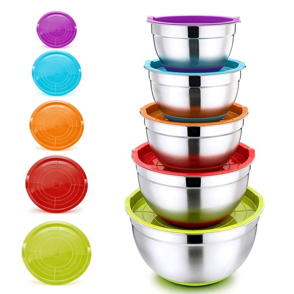 Mixing Bowls with Lids Set of 5, P&P CHEF Stainless Steel Salad Nesting Bowls for Kitchen - Size 7/3.5/2.5/1.5/1 QT, Great for Mixing Serving Storing, Non-Slip Silicone Base & Mirror Finished Inside